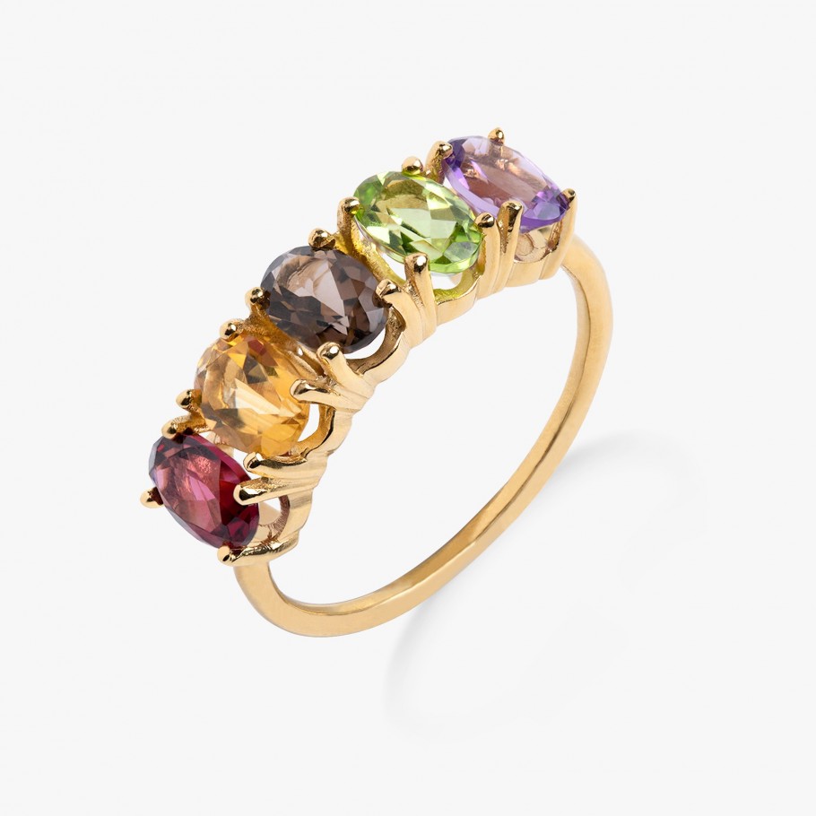 ANEL MEIA ALIANÇA EM PRATA BANHADO A OURO AMARELO 18 KT E PEDRAS MULTICOLORIDAS