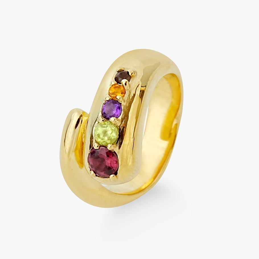 ANEL EM PRATA BANHADO A OURO AMARELO 18 KT E GEMAS MULTICOLORIDAS