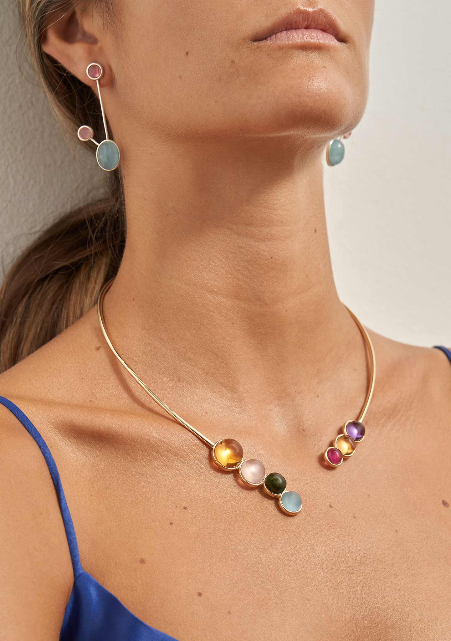 COLAR EM PRATA BANHADO A OURO 18KT COM TURMALINA AMETISTA CITRINO C.ROSA E ÁGUA MARINHA