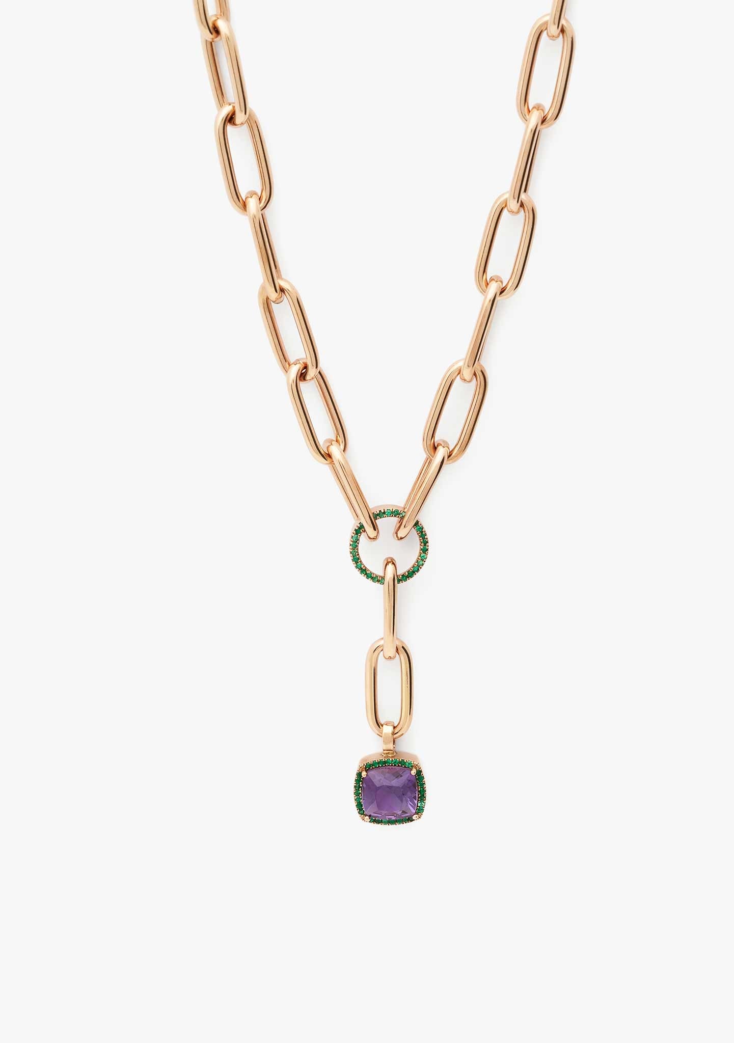 COLAR EM PRATA BANHADO A OURO ROSA 18 KT COM AMETISTA E DIOPSÍDIO CROMADO