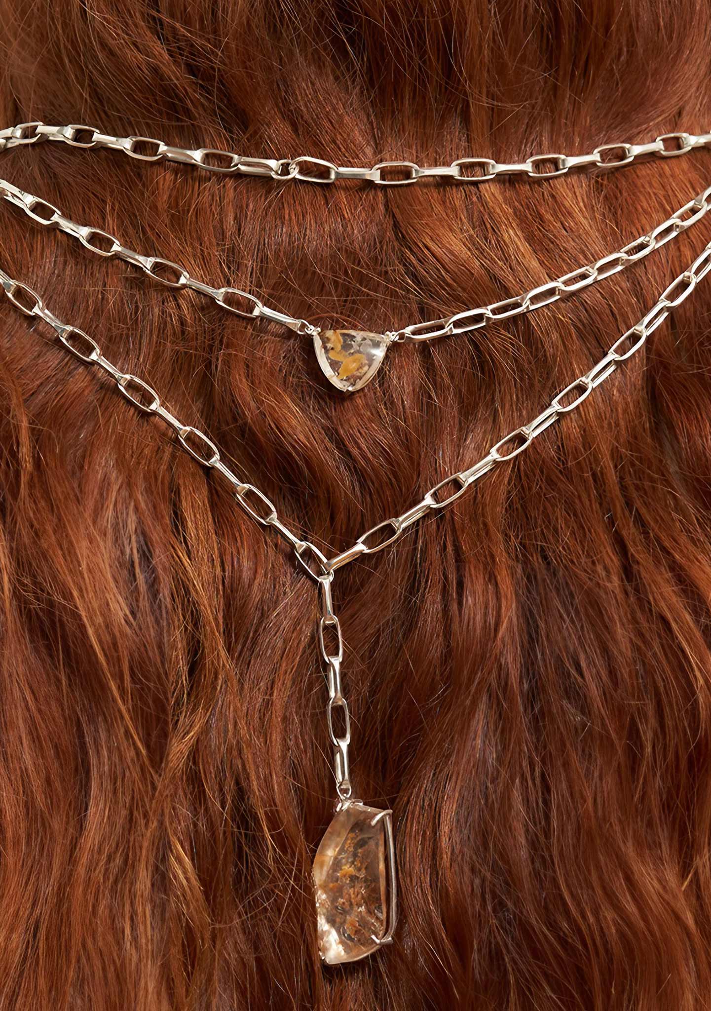 COLAR DUPLO EM PRATA COM PEDRA QUARTZO PIRITA