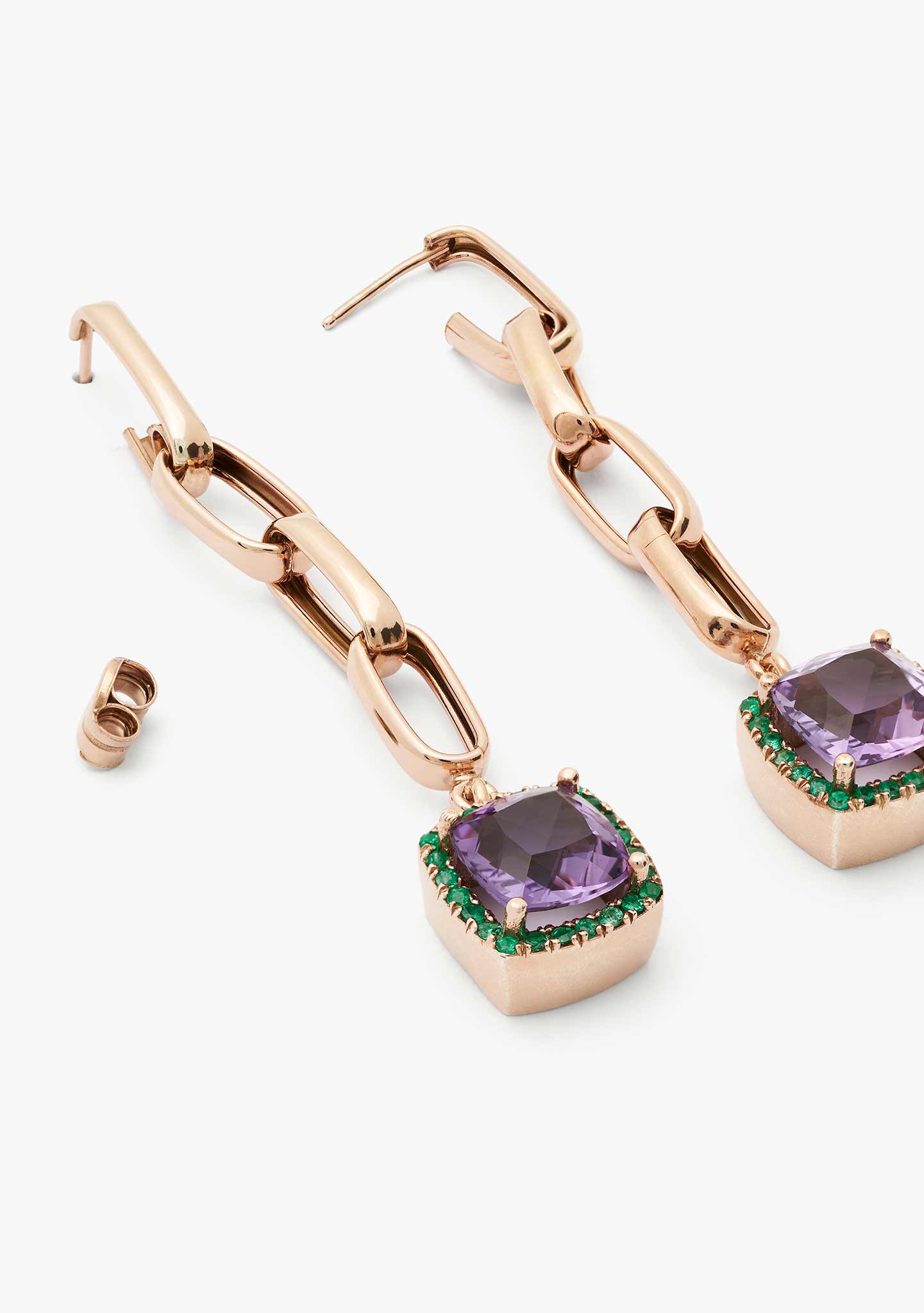 BRINCOS ÍCON EM PRATA BANHADO A OURO ROSA 18KT COM AMETISTA E CROMO DIOPSÍDIO