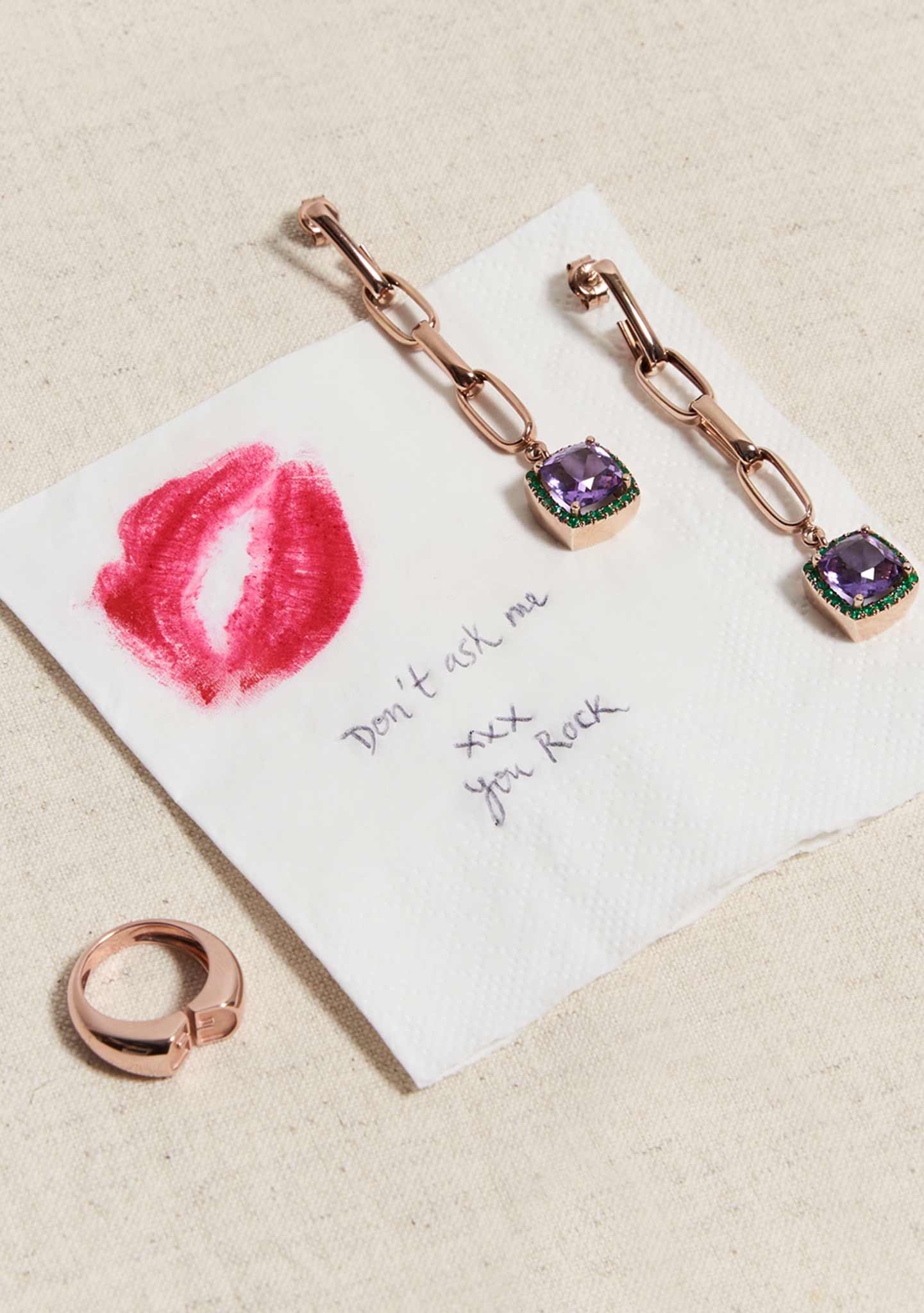 BRINCOS ÍCON EM PRATA BANHADO A OURO ROSA 18KT COM AMETISTA E CROMO DIOPSÍDIO