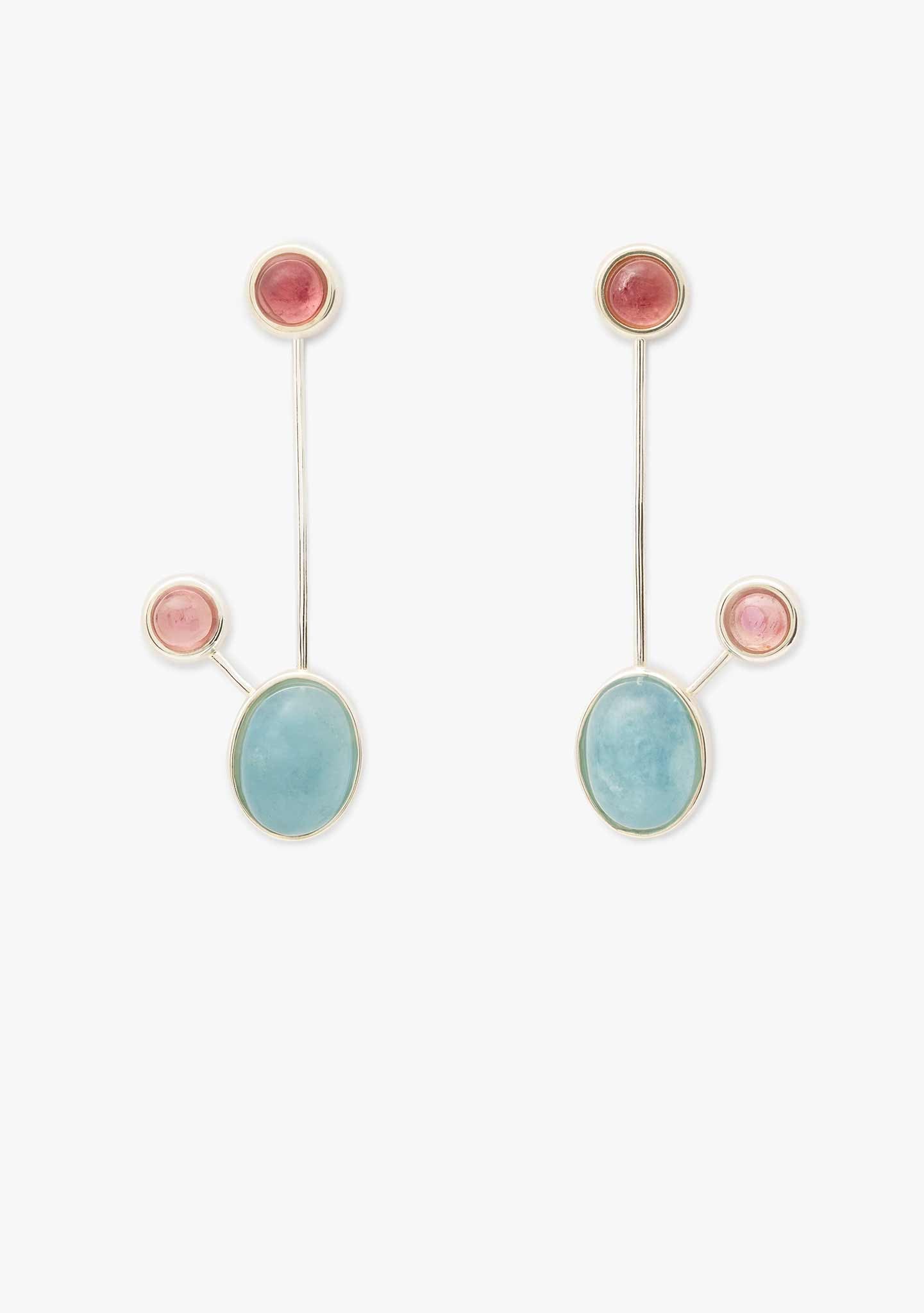 BRINCOS DUO EM PRATA COM TURMALINAS E ÁGUA MARINA