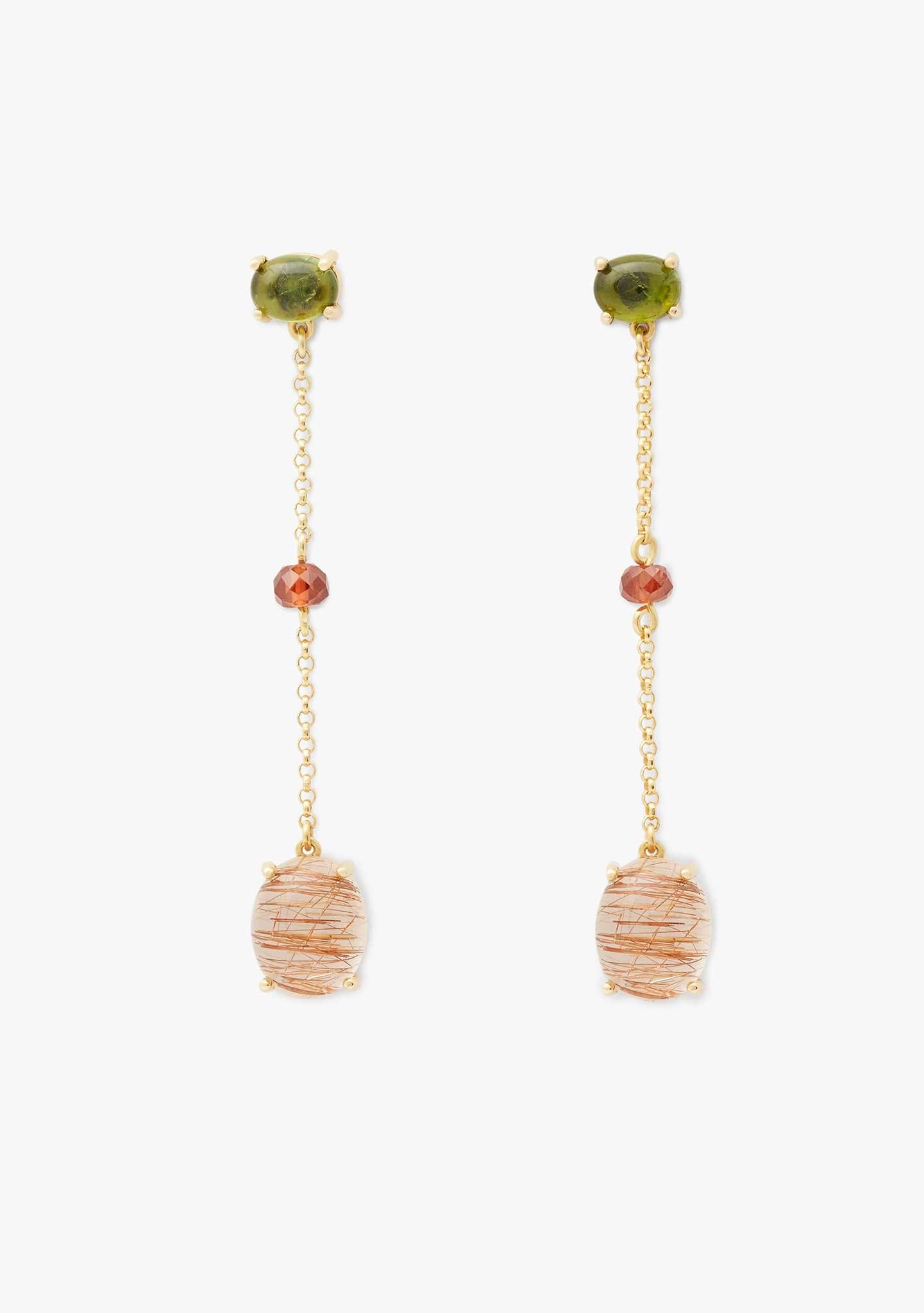 BRINCOS DE CORRENTE EM PRATA BANHADO A OURO AMARELO 18KT COM TURMALINA E QUARTZO RUTILO