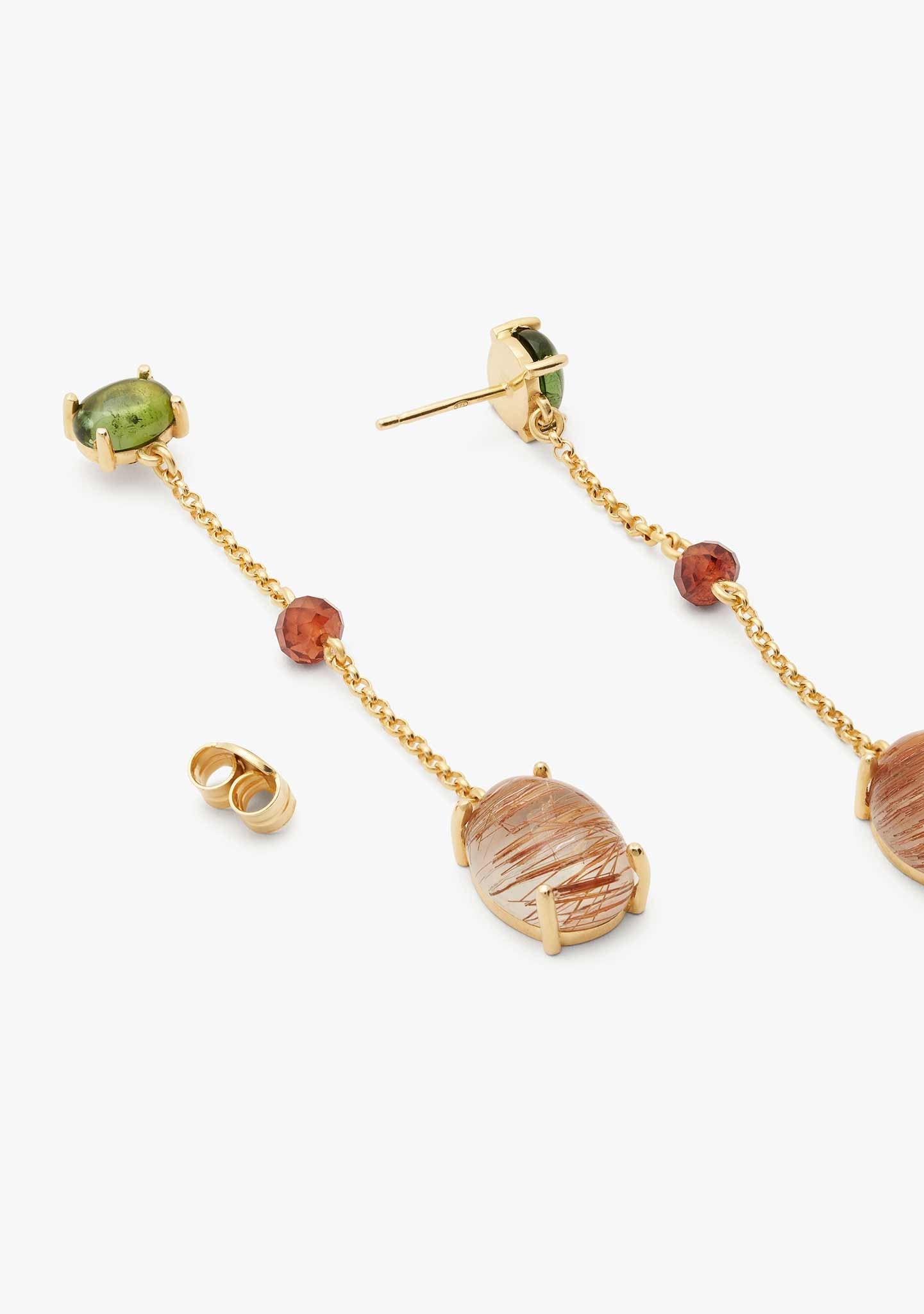 BRINCOS DE CORRENTE EM PRATA BANHADO A OURO AMARELO 18KT COM TURMALINA E QUARTZO RUTILO