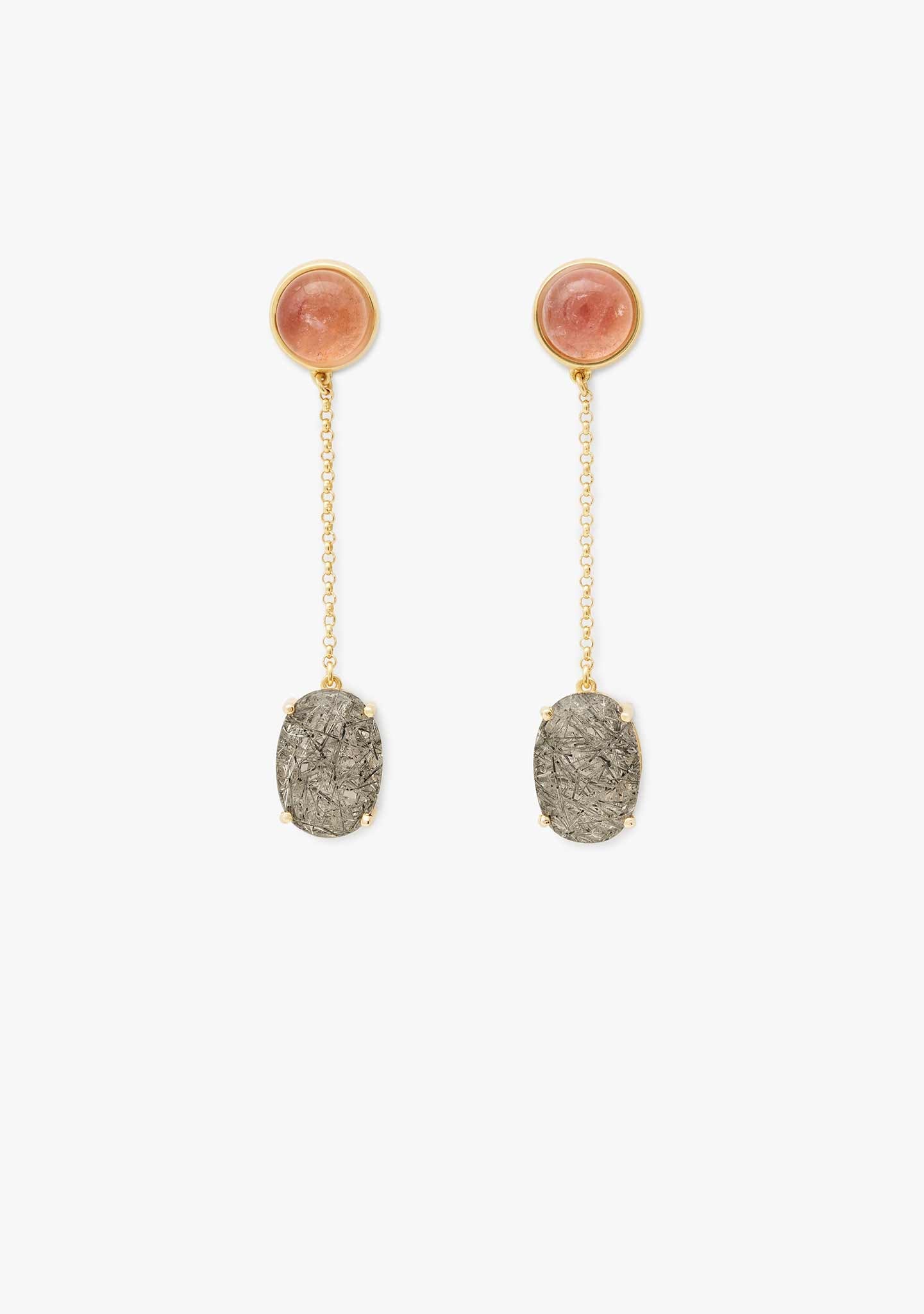 BRINCOS DE CORRENTE EM PRATA BANHADO A OURO AMARELO 18KT COM TURMALINA E QUARTZO TURMALINA