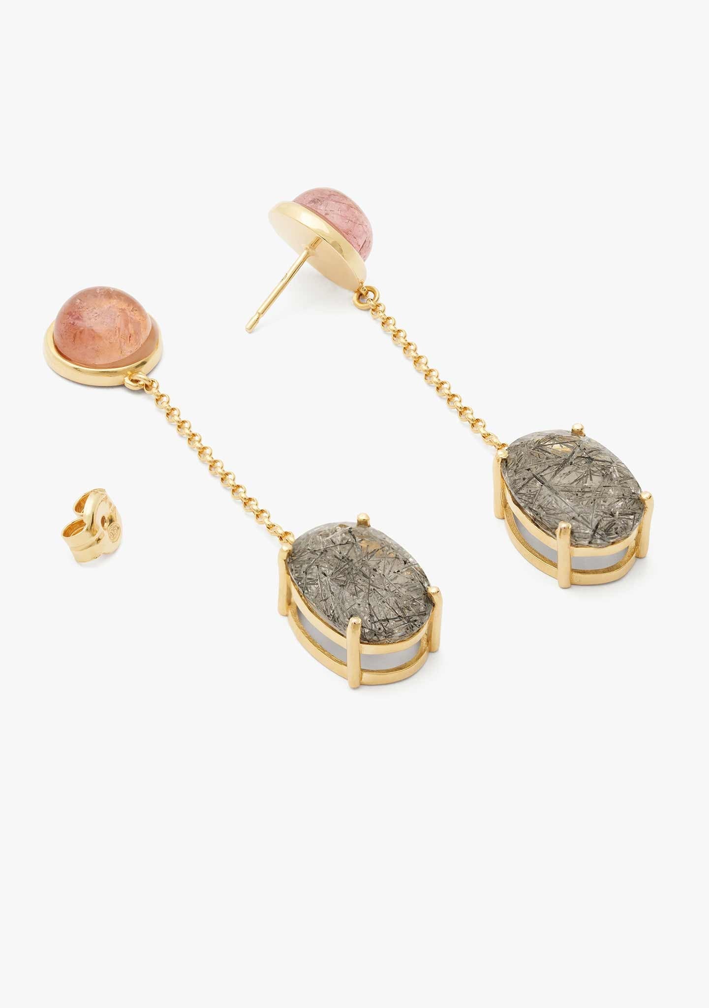 BRINCOS DE CORRENTE EM PRATA BANHADO A OURO AMARELO 18KT COM TURMALINA E QUARTZO TURMALINA