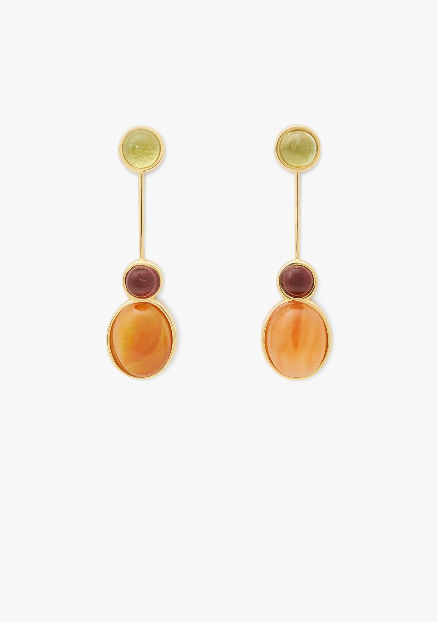 BRINCOS DUO EM PRATA BANHADO A OURO AMARELO 18KT COM TURMALINAS E CORNALINA