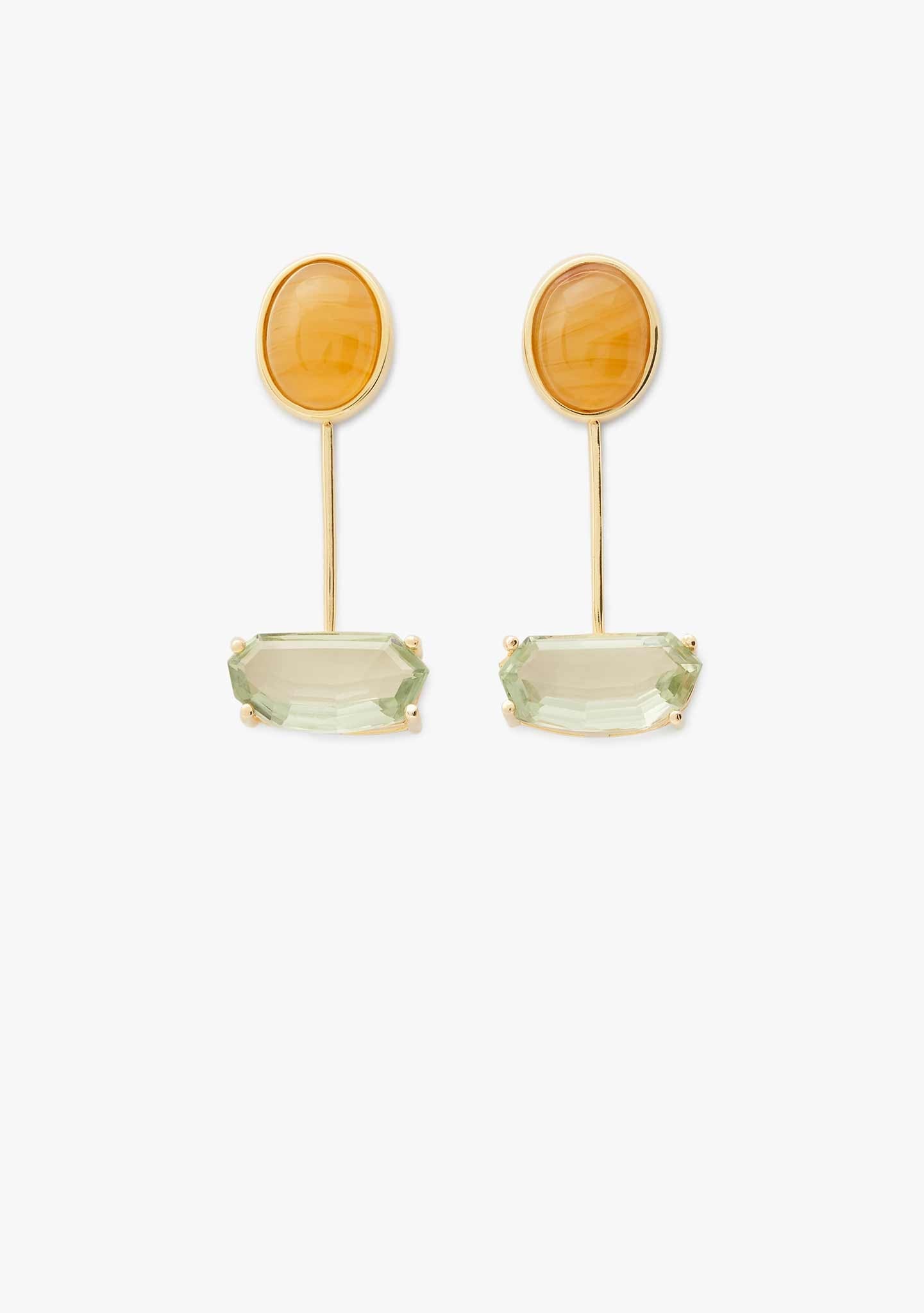 BRINCOS EM PRATA BANHADO A OURO AMARELO 18KT COM PEDRAS CORNALINA E PRASIOLITA