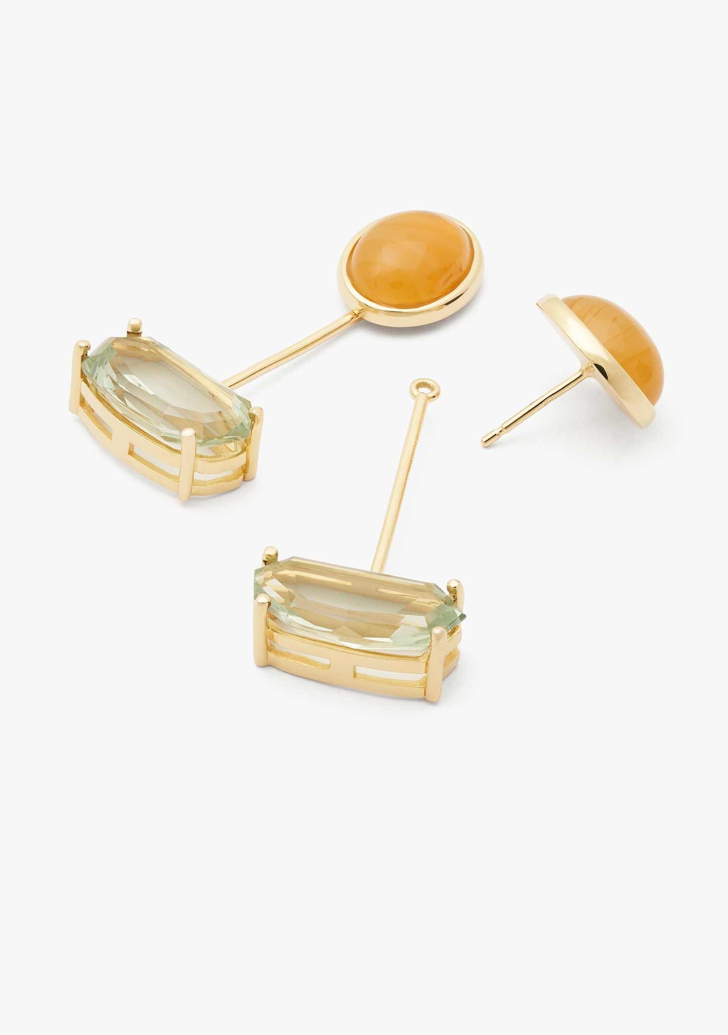 BRINCOS EM PRATA BANHADO A OURO AMARELO 18KT COM PEDRAS CORNALINA E PRASIOLITA