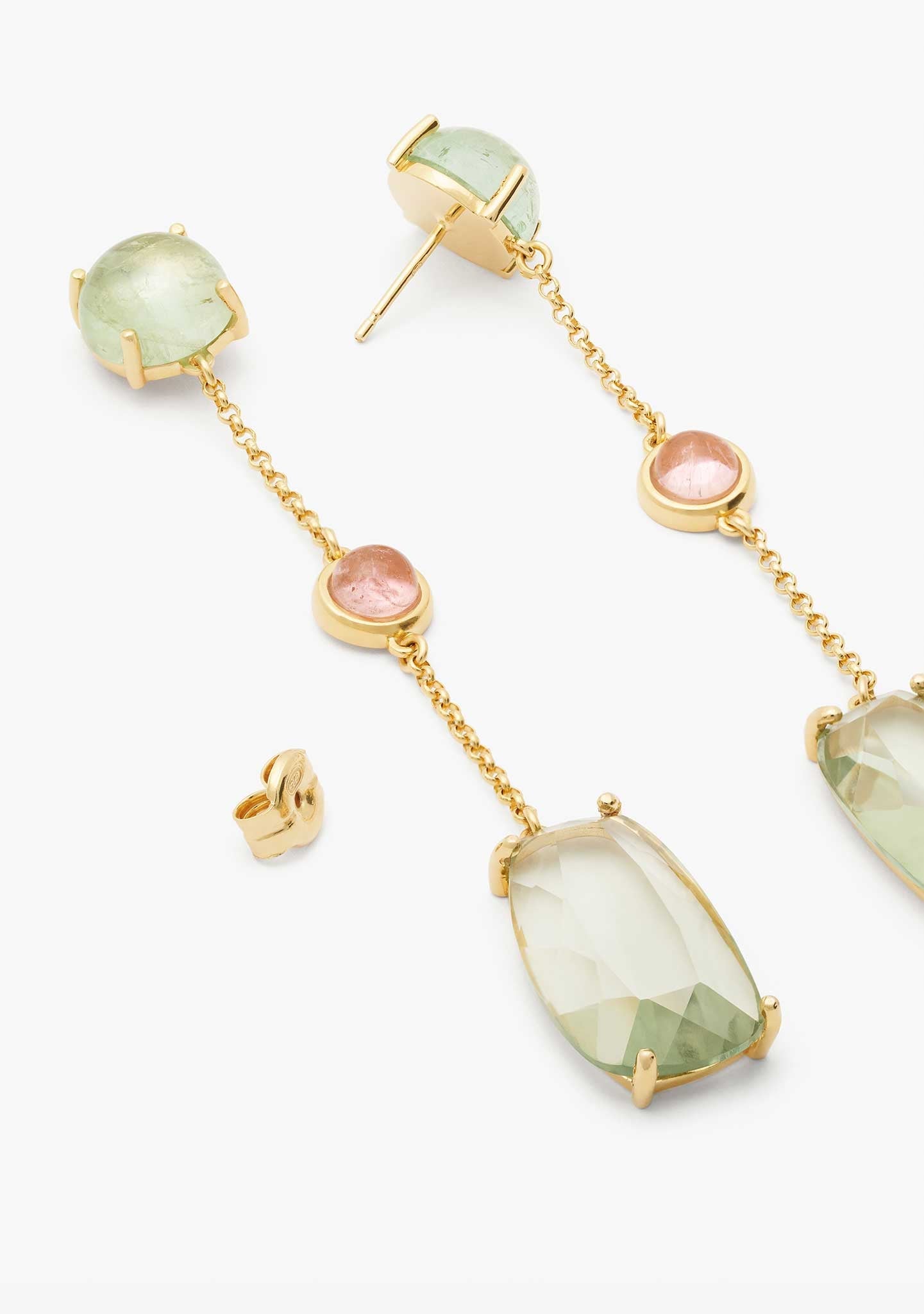 BRINCOS DE CORRENTE EM PRATA BANHADO A OURO AMARELO 18KT COM TURMALINA E PRASIOLITA