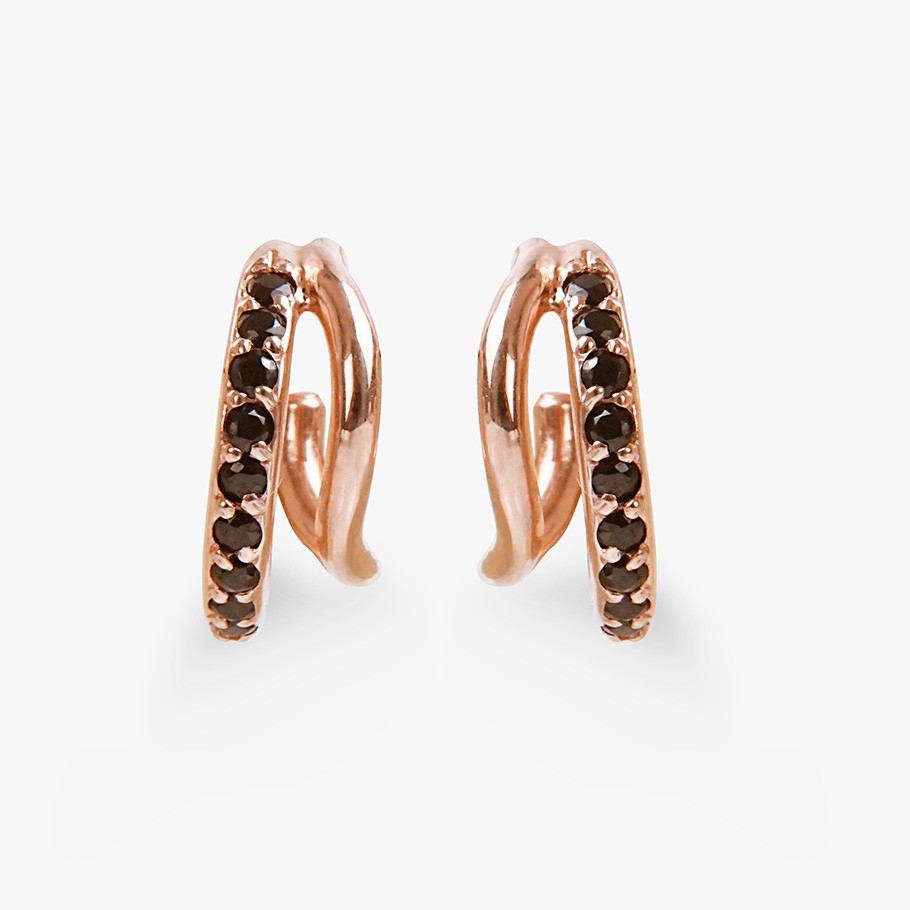 BRINCOS DE ARGOLA EM PRATA BANHADO A OURO ROSA 18 KT E ÔNIX