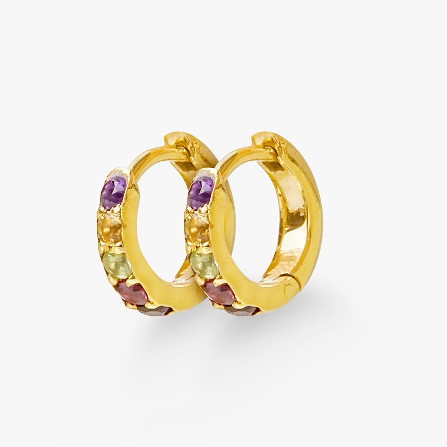 BRINCOS ARGOLA EM PRATA BANHADA A OURO 18 KT E GEMAS MULTICOLORIDAS