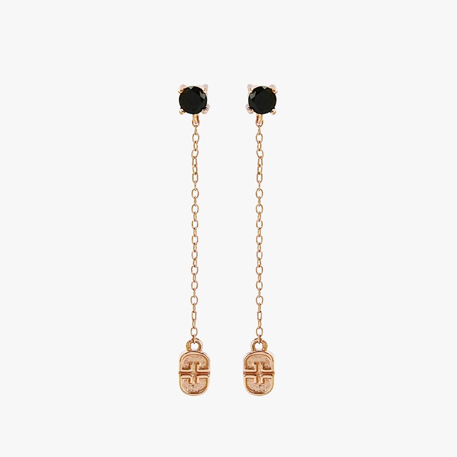 BRINCOS DE CORRENTE LUXLU EM PRATA BANHADO A OURO ROSA 18 KT E ÔNIX