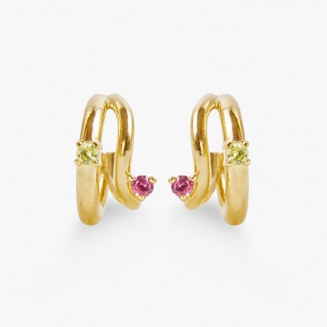 BRINCOS DE ARGOLA DUPLA EM PRATA BANHADO A OURO AMARELO DE 18 KT COM PERIDOTO E RODOLITA