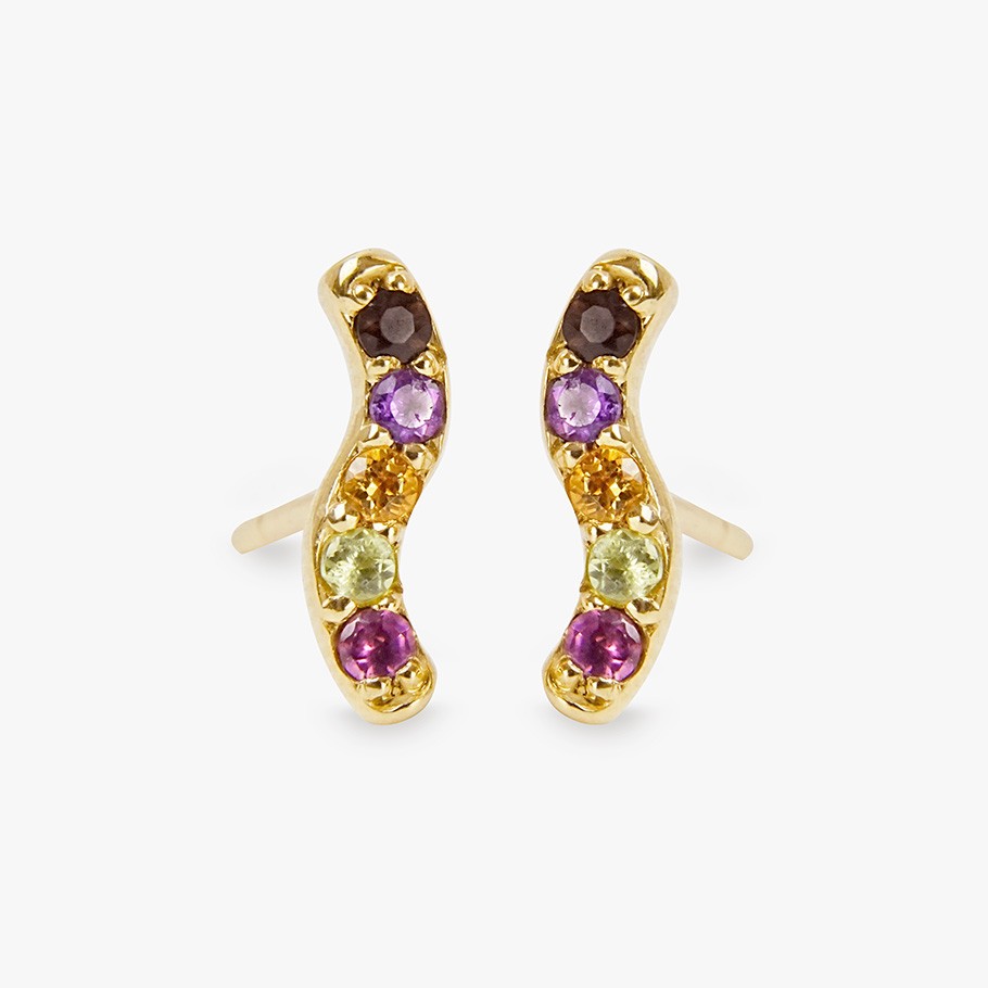 BRINCOS EM PRATA BANHADA A OURO AMARELO 18 KT E GEMAS MULTICOLORIDAS