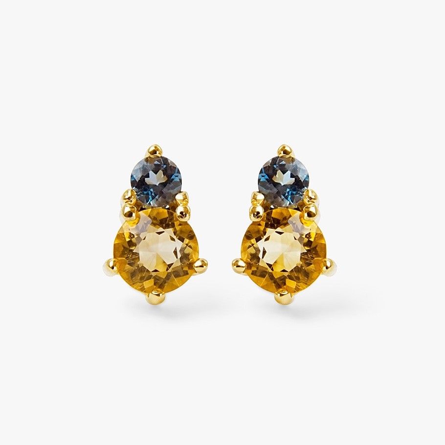 BRINCOS EM PRATA BANHADO EM OURO AMARELO 18 KT COM TOPÁZIO LONDON E CITRINO