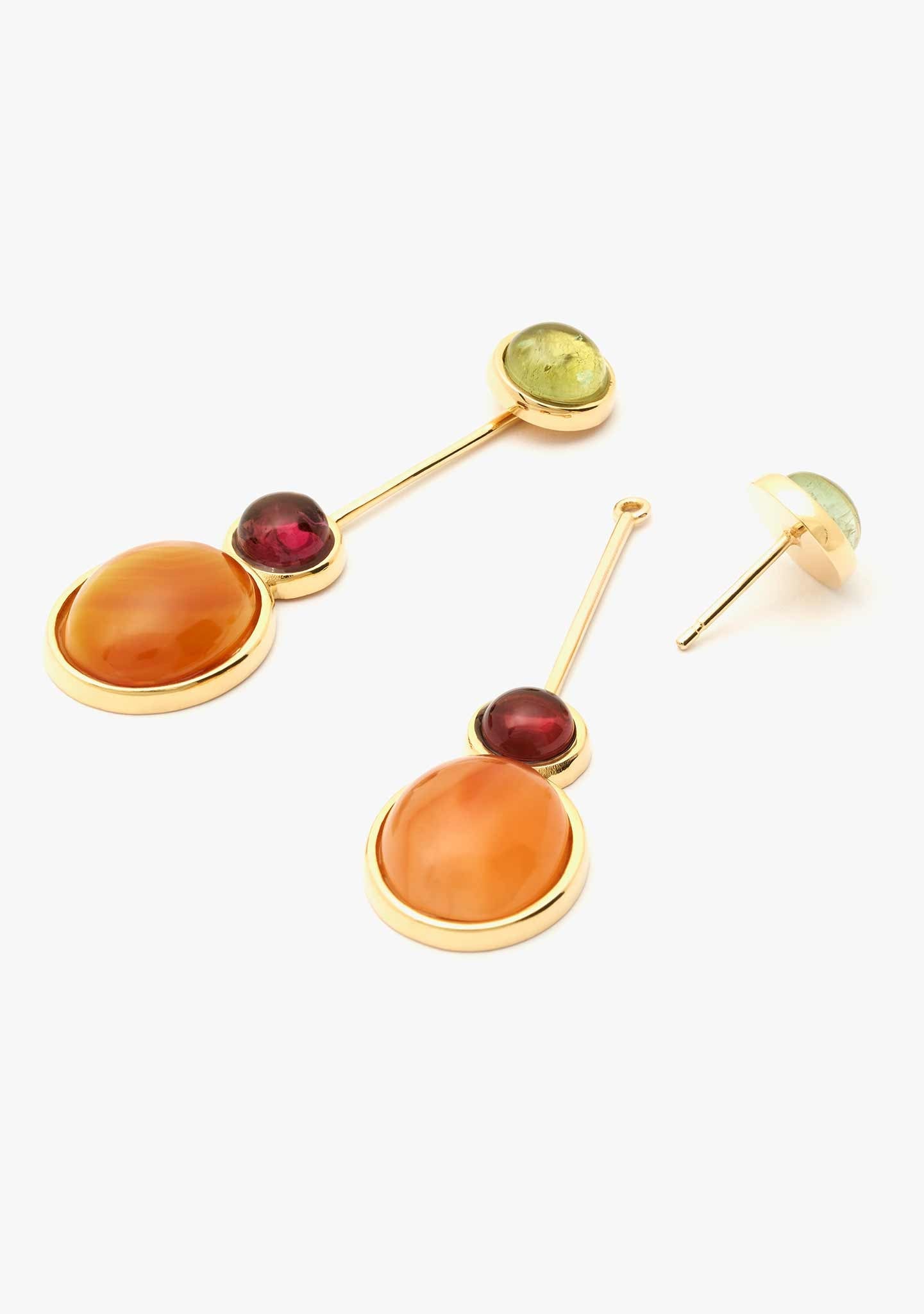 BRINCOS DUO EM PRATA BANHADO A OURO AMARELO 18KT COM TURMALINAS E CORNALINA