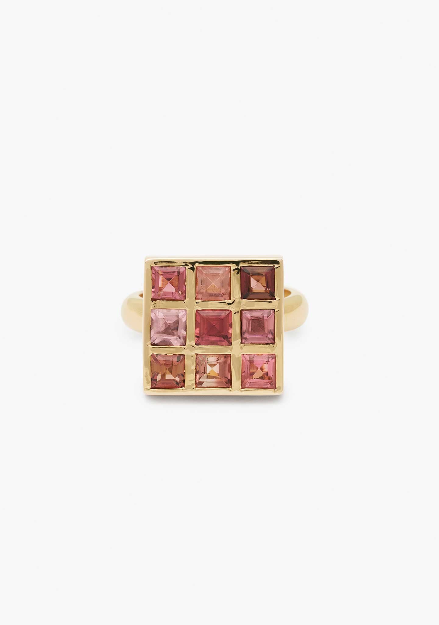 ANEL QUADRADO BANHADO EM OURO AMARELO 18 KT E TURMALINAS