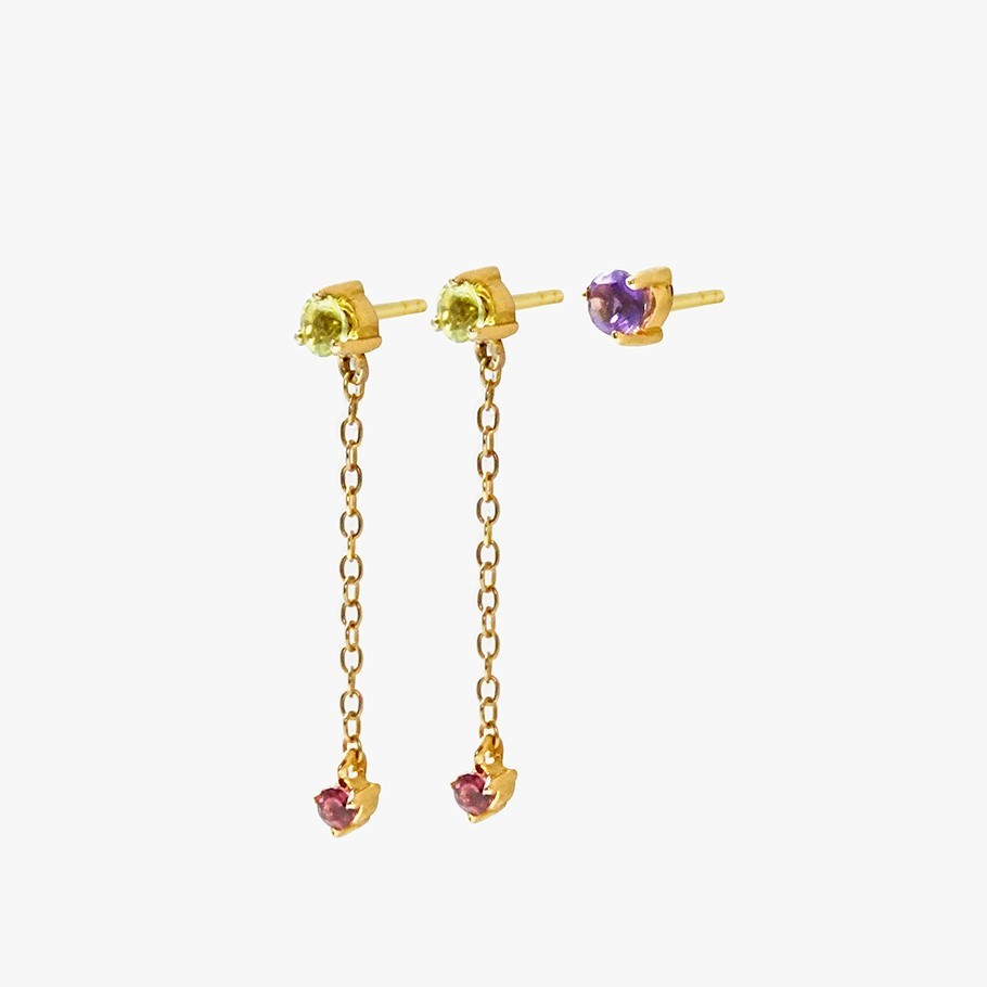 PACK DE BRINCOS EM PRATA BANHADO A OURO AMARELO 18 KT COM AMETISTA, PERIDOTO E RODOLITA