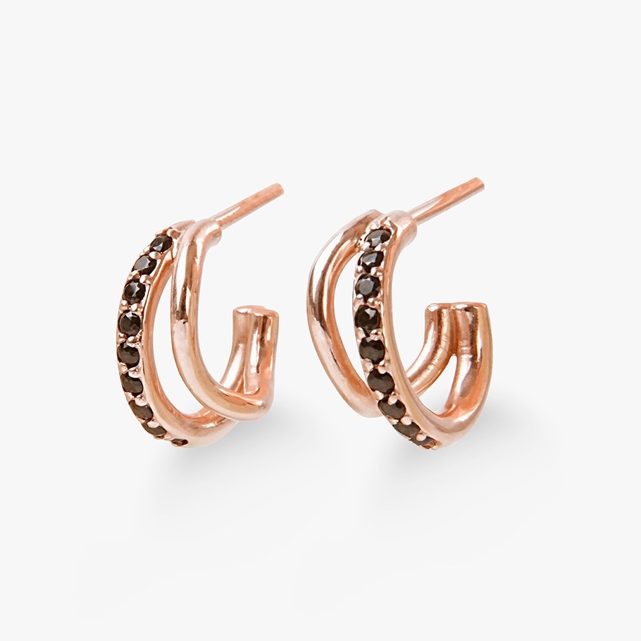 BRINCOS DE ARGOLA EM PRATA BANHADO A OURO ROSA 18 KT E ÔNIX 