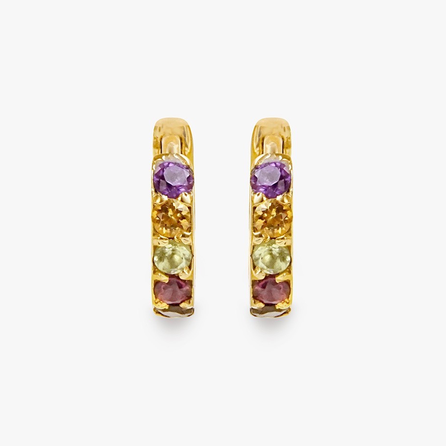 BRINCOS ARGOLA EM PRATA BANHADA A OURO 18 KT E GEMAS MULTICOLORIDAS