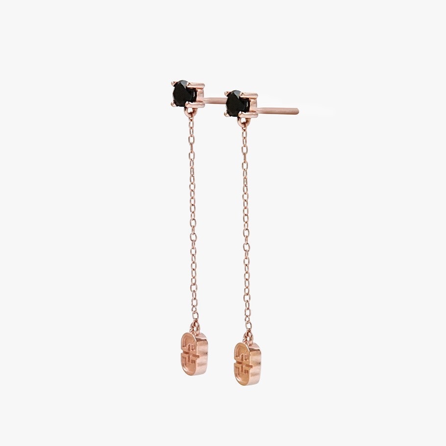 BRINCOS DE CORRENTE LUXLU EM PRATA BANHADO A OURO ROSA 18 KT E ÔNIX 