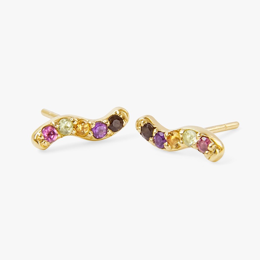 BRINCOS EM PRATA BANHADA A OURO AMARELO 18 KT E GEMAS MULTICOLORIDAS